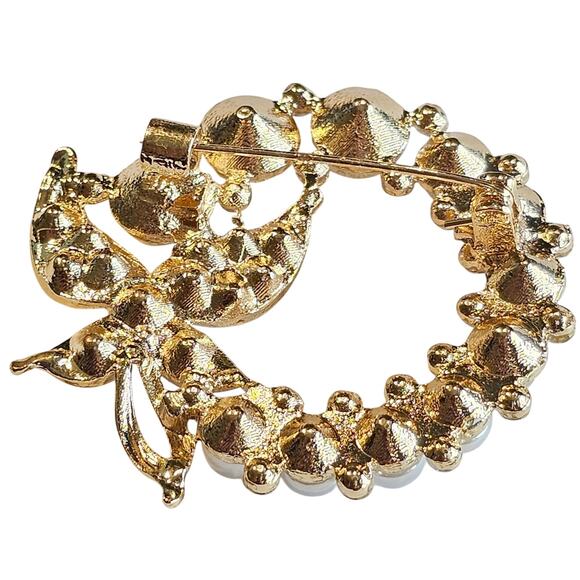 Crystal Brooch Pin Faux Pearl Rhinestone Butterfly Gold Tone Wreath Gift Box - Picture 6 of 8